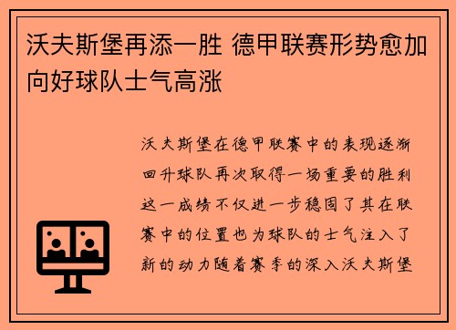 沃夫斯堡再添一胜 德甲联赛形势愈加向好球队士气高涨
