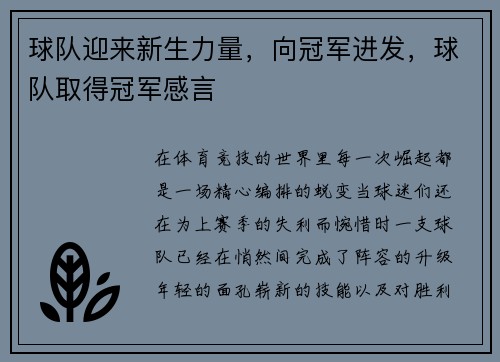 球队迎来新生力量，向冠军进发，球队取得冠军感言