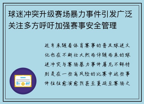 球迷冲突升级赛场暴力事件引发广泛关注多方呼吁加强赛事安全管理